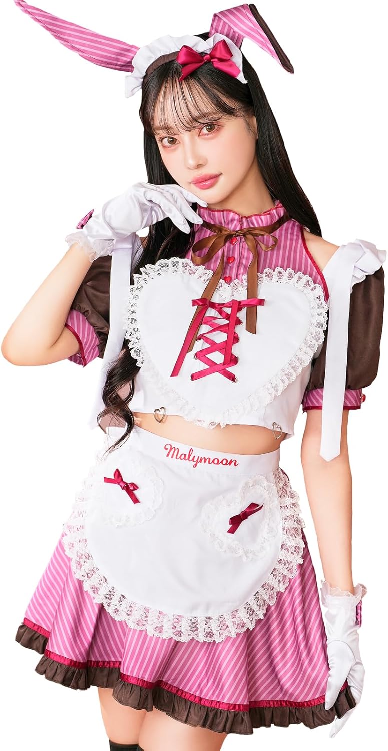 Malymoon] コスプレ メイド バニー ストライプ バレンタイン ハート